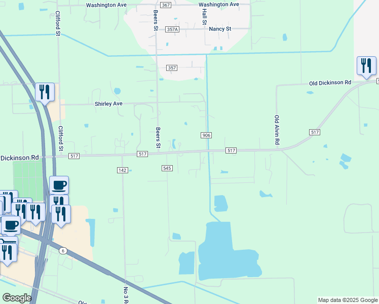 map of restaurants, bars, coffee shops, grocery stores, and more near 1047 Farm to Market Road 517 in Alvin