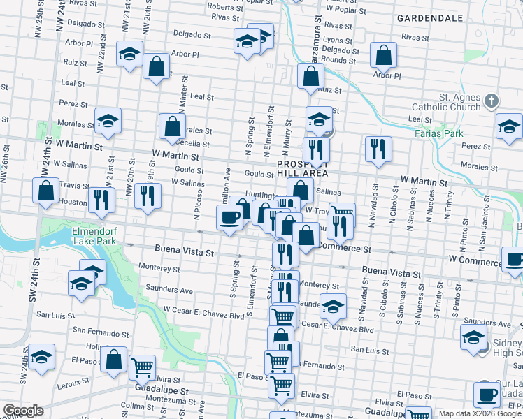 map of restaurants, bars, coffee shops, grocery stores, and more near 3022 West Travis Street in San Antonio