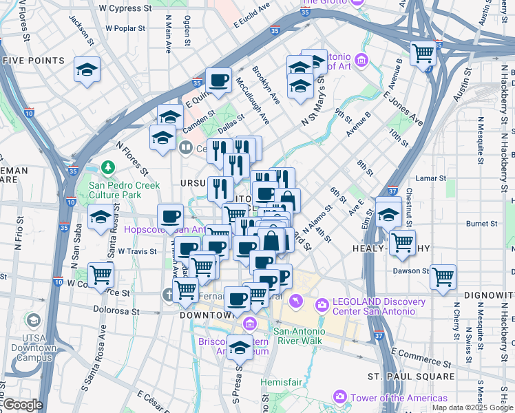 map of restaurants, bars, coffee shops, grocery stores, and more near 1920 Jefferson in San Antonio