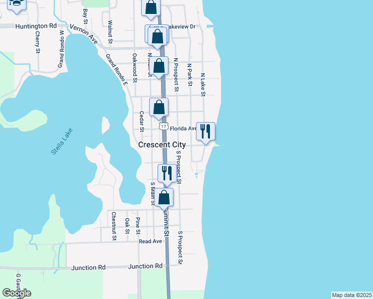 map of restaurants, bars, coffee shops, grocery stores, and more near 101 South Prospect Street in Crescent City
