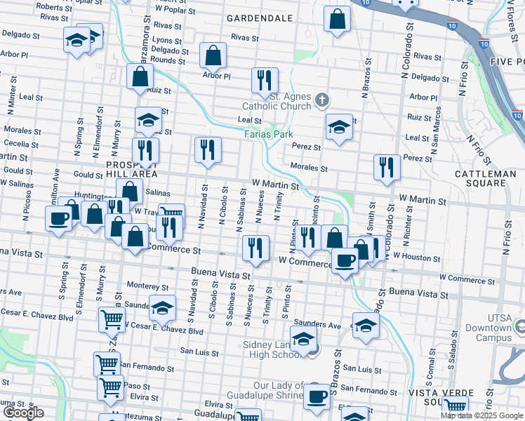 map of restaurants, bars, coffee shops, grocery stores, and more near 326 North Nueces in San Antonio