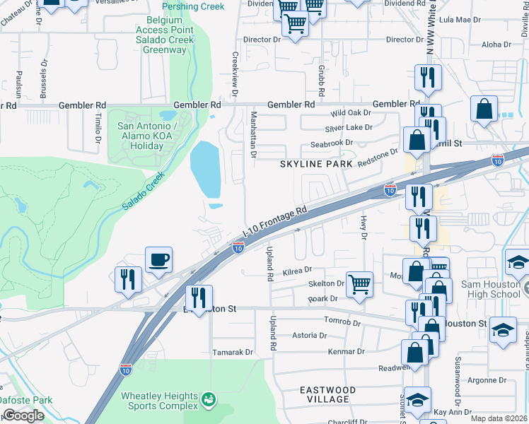 map of restaurants, bars, coffee shops, grocery stores, and more near 4065 Frontage Road in San Antonio