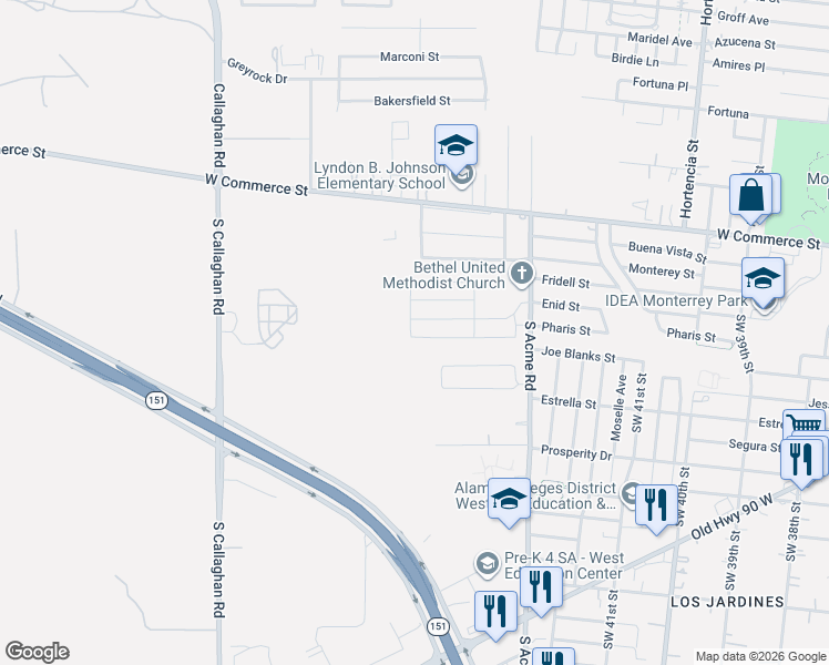 map of restaurants, bars, coffee shops, grocery stores, and more near 5251 Judges Trail in San Antonio