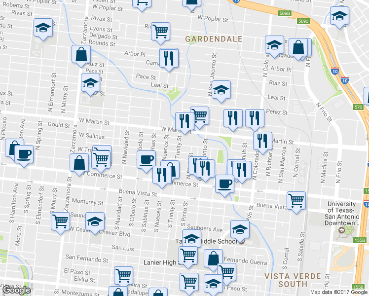 map of restaurants, bars, coffee shops, grocery stores, and more near 2112 West Salinas in San Antonio