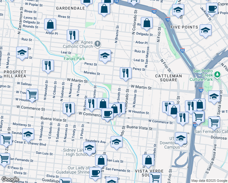 map of restaurants, bars, coffee shops, grocery stores, and more near 1717 West Salinas in San Antonio