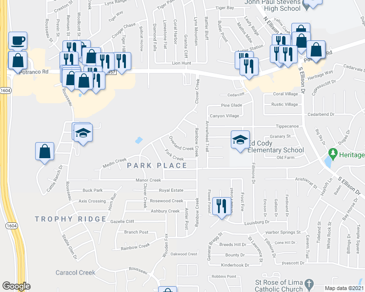 map of restaurants, bars, coffee shops, grocery stores, and more near 10331 Overland Creek in San Antonio