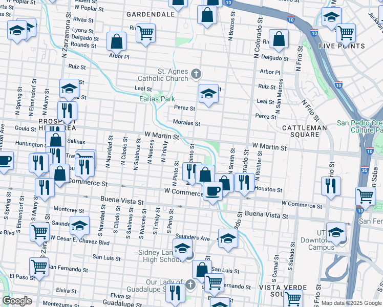 map of restaurants, bars, coffee shops, grocery stores, and more near 2001 West Salinas in San Antonio