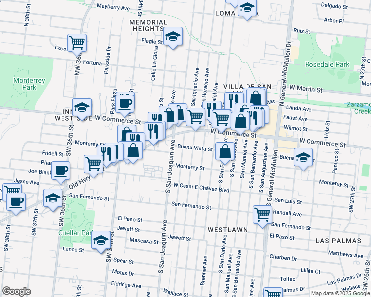 map of restaurants, bars, coffee shops, grocery stores, and more near 202 South San Ignacio Avenue in San Antonio