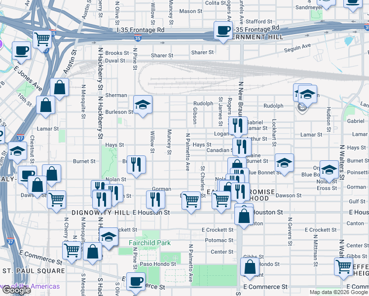 map of restaurants, bars, coffee shops, grocery stores, and more near 1030 Hays Street in San Antonio