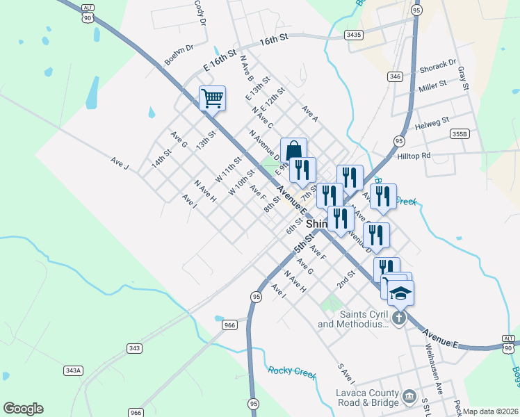 map of restaurants, bars, coffee shops, grocery stores, and more near 215 8th Street in Shiner