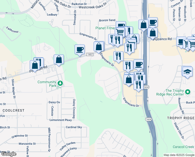 map of restaurants, bars, coffee shops, grocery stores, and more near 11535 Arabette in San Antonio