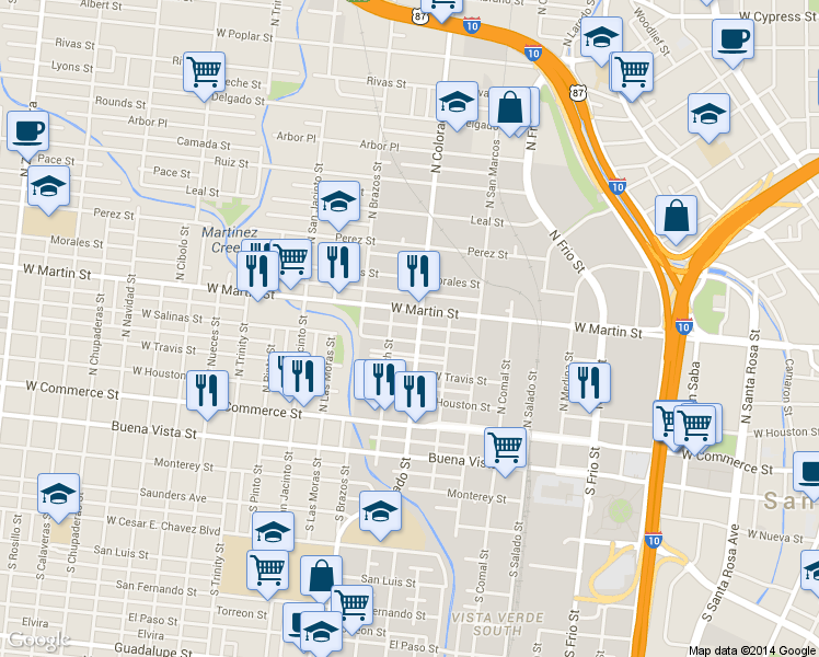 map of restaurants, bars, coffee shops, grocery stores, and more near 304 Flake Alley in San Antonio