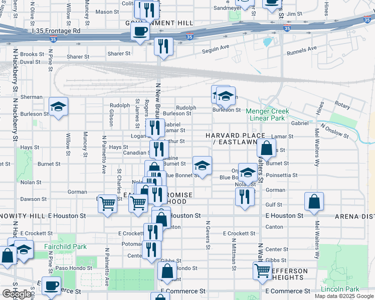map of restaurants, bars, coffee shops, grocery stores, and more near 1524 Hays Street in San Antonio