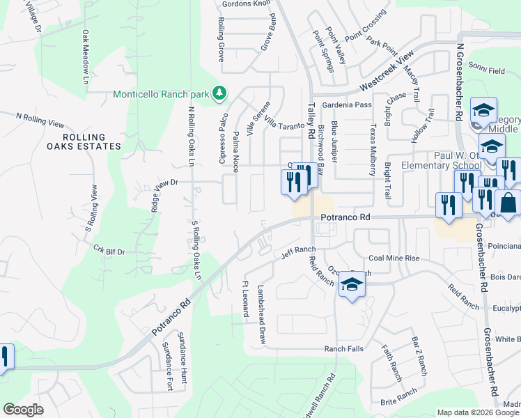 map of restaurants, bars, coffee shops, grocery stores, and more near 107 Palazzo Torre in San Antonio
