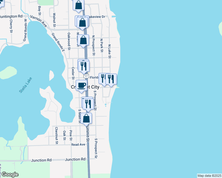 map of restaurants, bars, coffee shops, grocery stores, and more near 11 South Lake Street in Crescent City