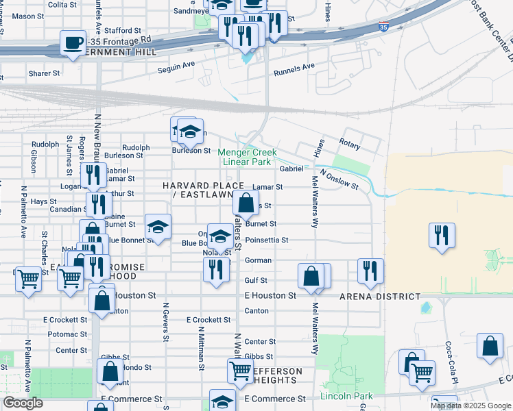 map of restaurants, bars, coffee shops, grocery stores, and more near 2035 Hays Street in San Antonio