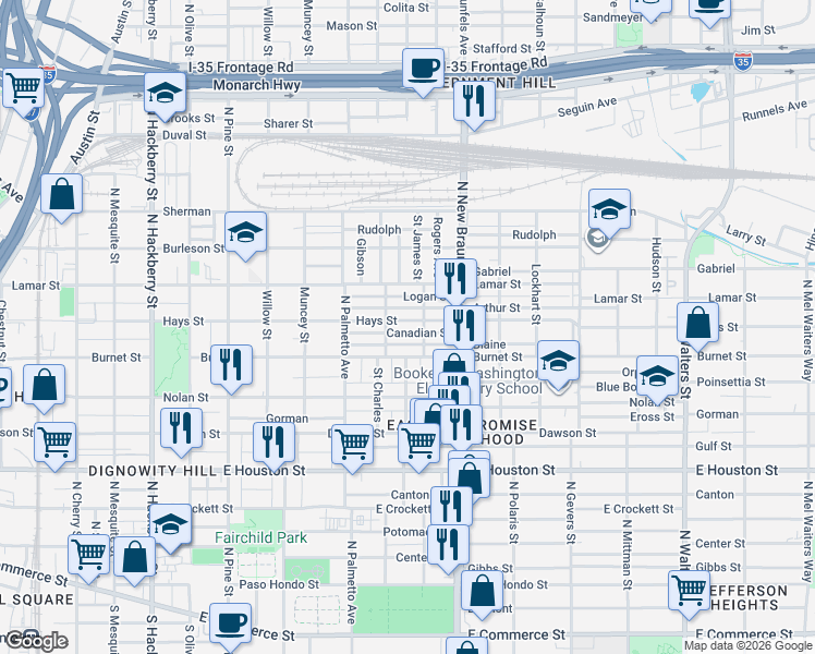 map of restaurants, bars, coffee shops, grocery stores, and more near 1222 Hays Street in San Antonio
