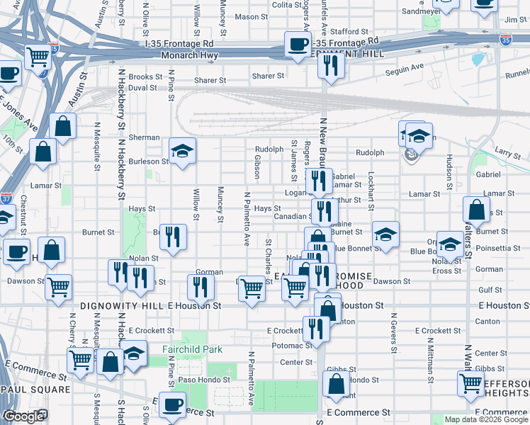 map of restaurants, bars, coffee shops, grocery stores, and more near 1130 Hays Street in San Antonio