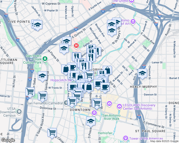 map of restaurants, bars, coffee shops, grocery stores, and more near in San Antonio