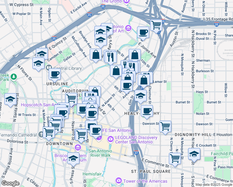 map of restaurants, bars, coffee shops, grocery stores, and more near 516n North Alamo Street in San Antonio
