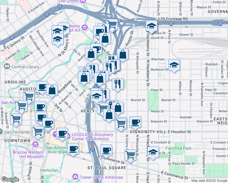 map of restaurants, bars, coffee shops, grocery stores, and more near 226 Hays Street in San Antonio
