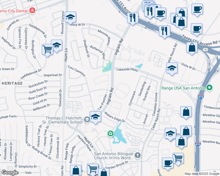 map of restaurants, bars, coffee shops, grocery stores, and more near 530 Las Puertas in San Antonio