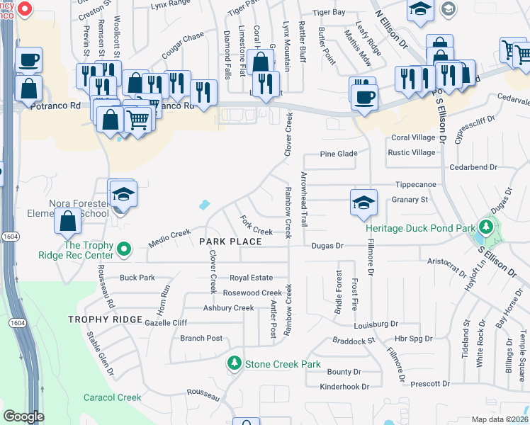 map of restaurants, bars, coffee shops, grocery stores, and more near 10331 Overland Creek in San Antonio