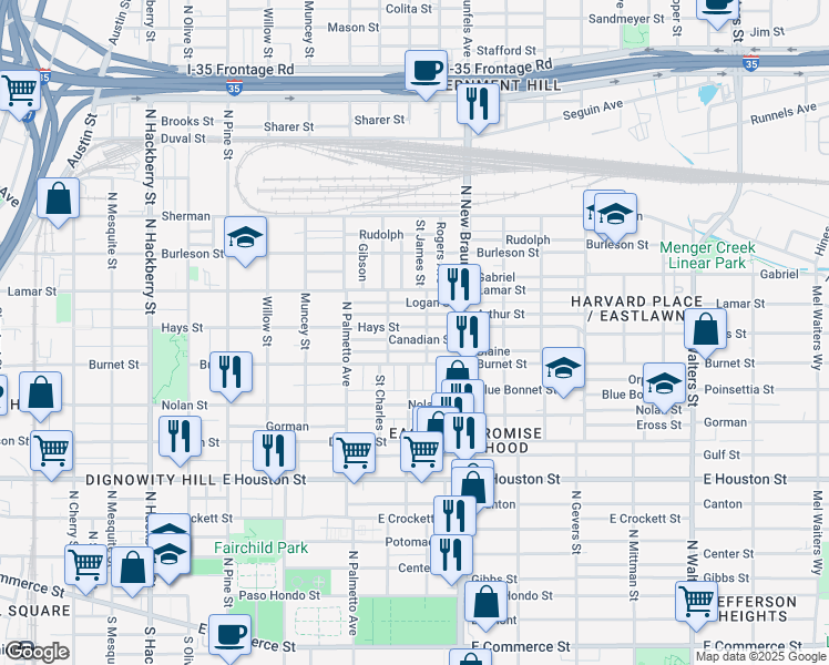 map of restaurants, bars, coffee shops, grocery stores, and more near 1222 Hays Street in San Antonio