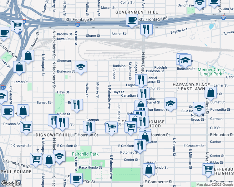 map of restaurants, bars, coffee shops, grocery stores, and more near 1130 Hays Street in San Antonio