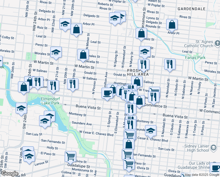 map of restaurants, bars, coffee shops, grocery stores, and more near 3122 West Travis Street in San Antonio