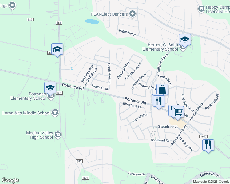 map of restaurants, bars, coffee shops, grocery stores, and more near 427 Cardinal Way in San Antonio