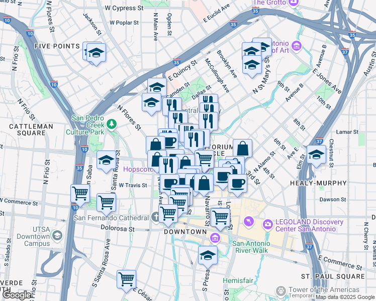 map of restaurants, bars, coffee shops, grocery stores, and more near 705 North Saint Mary's Street in San Antonio