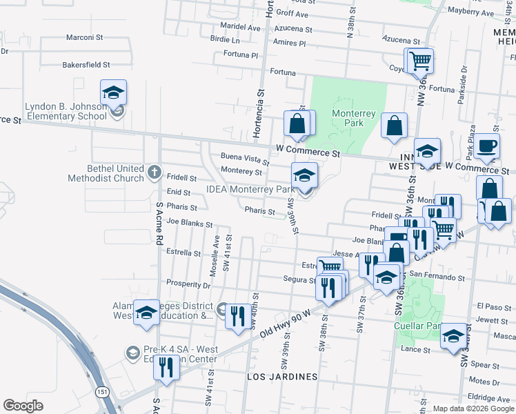 map of restaurants, bars, coffee shops, grocery stores, and more near 511 Pharis Street in San Antonio