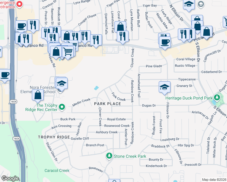 map of restaurants, bars, coffee shops, grocery stores, and more near 10435 Fork Creek in San Antonio