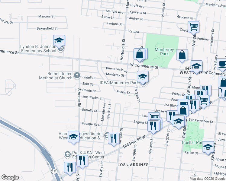 map of restaurants, bars, coffee shops, grocery stores, and more near 546 Pharis Street in San Antonio