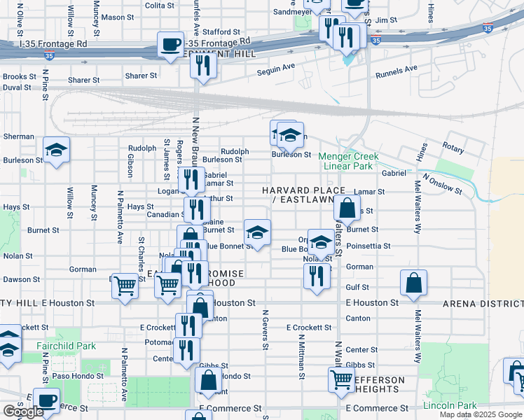 map of restaurants, bars, coffee shops, grocery stores, and more near 1634 Hays Street in San Antonio
