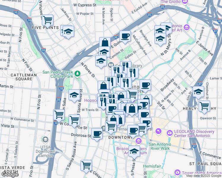 map of restaurants, bars, coffee shops, grocery stores, and more near 454 Soledad Street in San Antonio