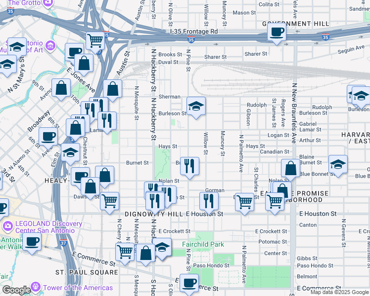 map of restaurants, bars, coffee shops, grocery stores, and more near 829 North Pine Street in San Antonio
