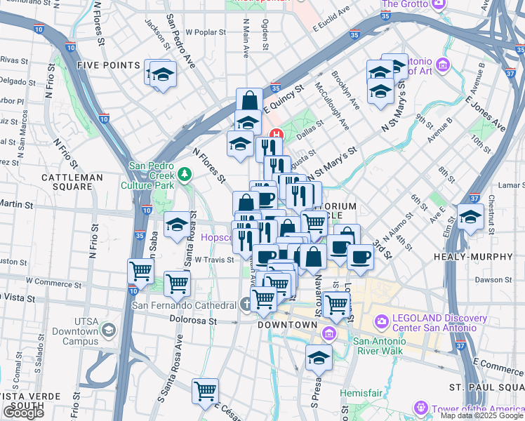 map of restaurants, bars, coffee shops, grocery stores, and more near 454 Soledad Street in San Antonio