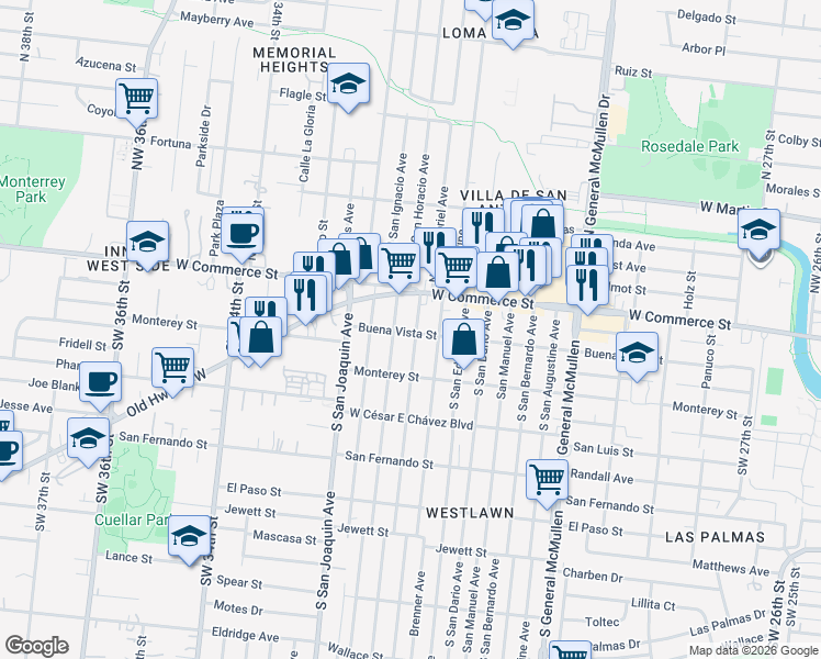 map of restaurants, bars, coffee shops, grocery stores, and more near 131 South San Gabriel Avenue in San Antonio
