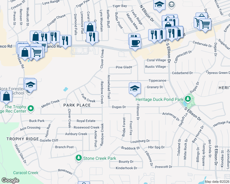 map of restaurants, bars, coffee shops, grocery stores, and more near 10422 Cedar Village in San Antonio
