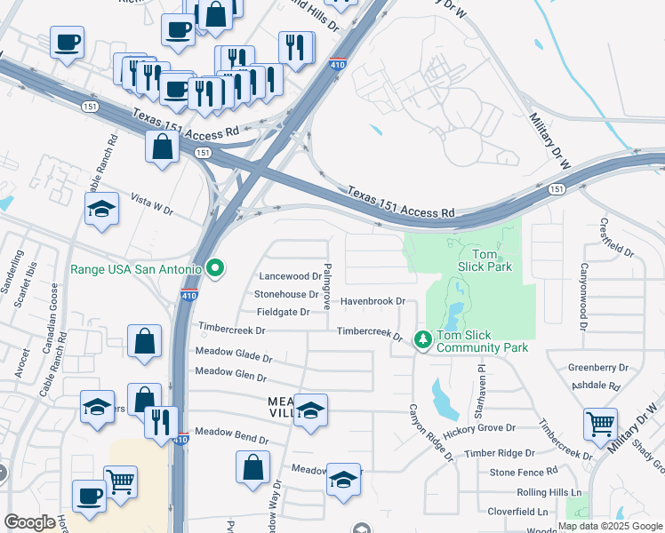 map of restaurants, bars, coffee shops, grocery stores, and more near 626 Palmgrove in San Antonio
