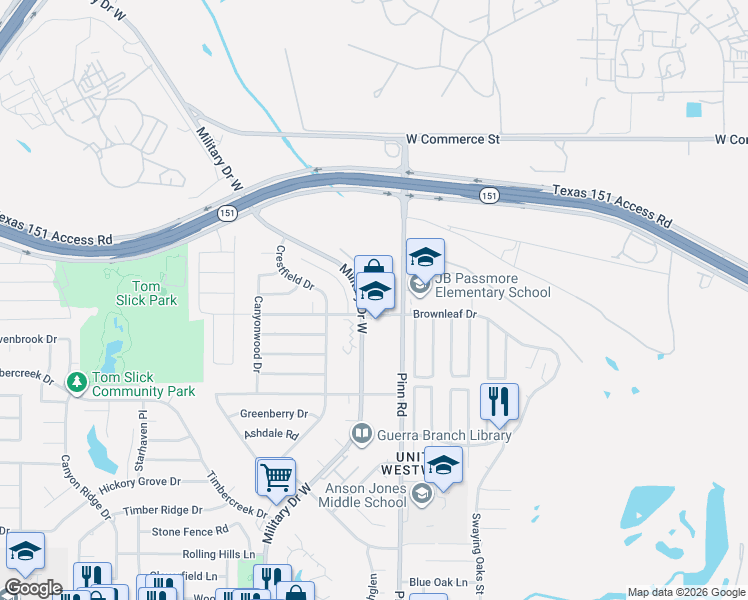 map of restaurants, bars, coffee shops, grocery stores, and more near 6867 Betty Levy in San Antonio