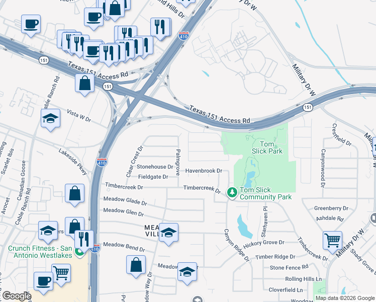 map of restaurants, bars, coffee shops, grocery stores, and more near 626 Palmgrove in San Antonio