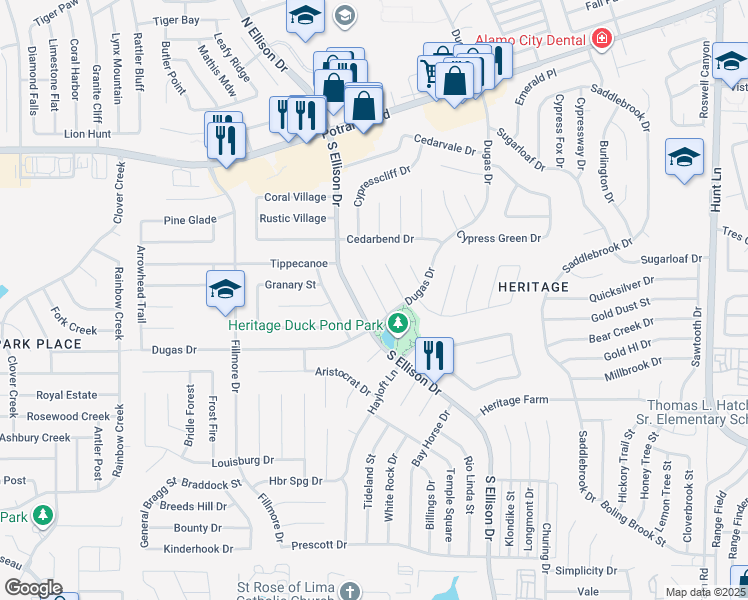 map of restaurants, bars, coffee shops, grocery stores, and more near 843 Big Sky Drive in San Antonio