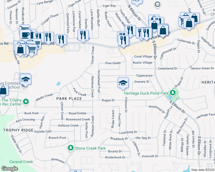 map of restaurants, bars, coffee shops, grocery stores, and more near 10422 Cedar Village in San Antonio
