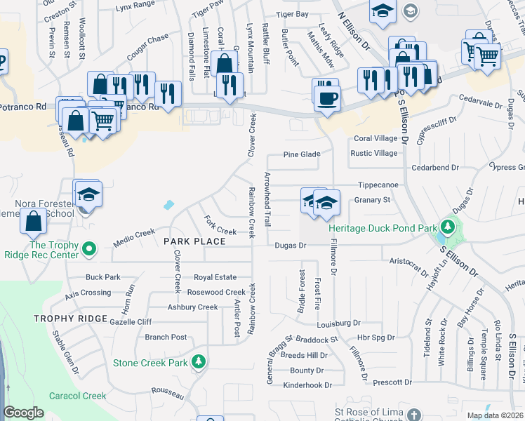 map of restaurants, bars, coffee shops, grocery stores, and more near 10203 Rainbow Creek in San Antonio