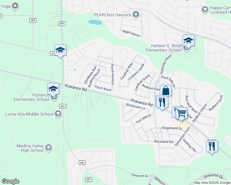 map of restaurants, bars, coffee shops, grocery stores, and more near 427 Cardinal Way in San Antonio