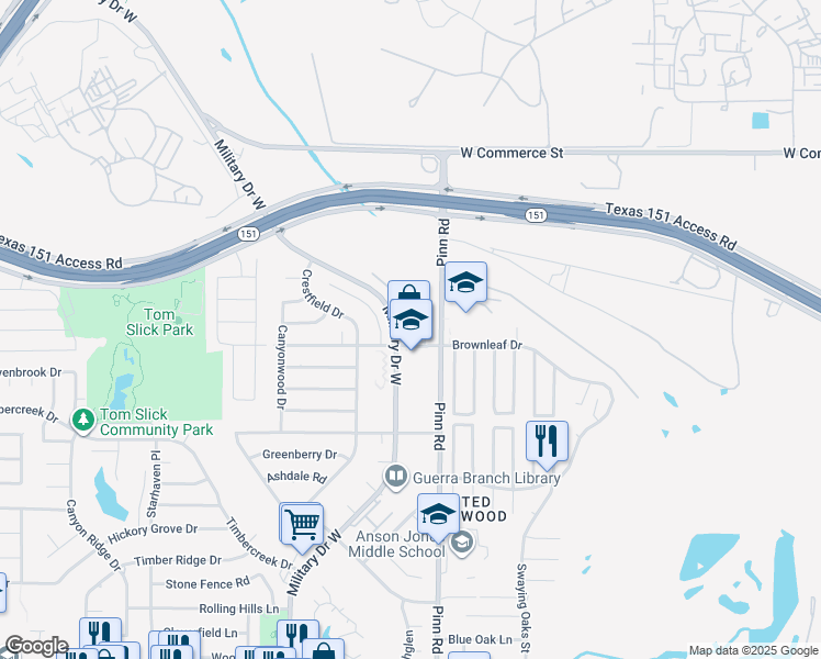 map of restaurants, bars, coffee shops, grocery stores, and more near 6867 Betty Levy in San Antonio