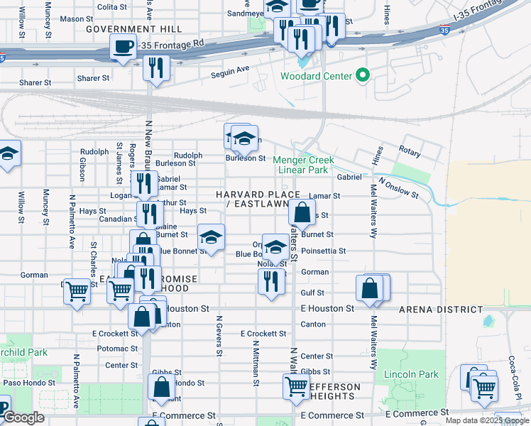 map of restaurants, bars, coffee shops, grocery stores, and more near 1833 Hays Street in San Antonio